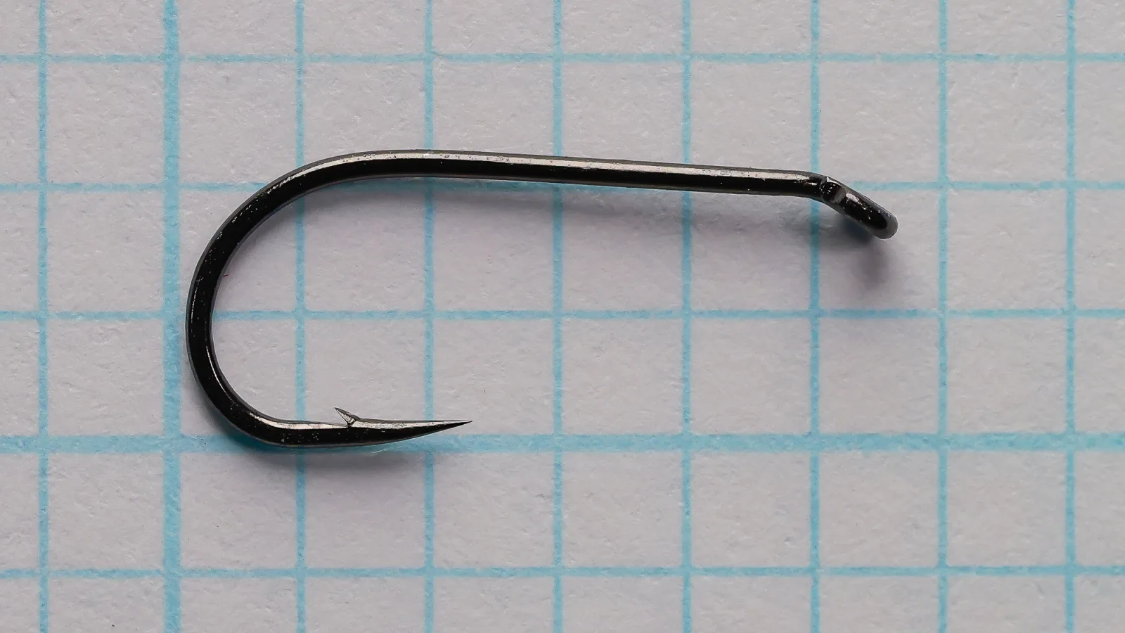 Side view of a black Ahrex FW502 size 12 dry fly hook on grid paper, with a straight shank, round bend, small barb and down-angled eye.