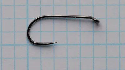 Side view of a dark Ahrex FW503 size 12 hook on blue grid paper, with a closed ring eye at the right, a plain shank, a rounded bend at the left and a barbless point.