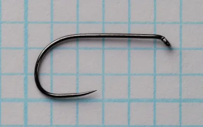 Side view of a black dry fly hook on blue grid paper, with a straight shank, a down-turned eye at the right, a round bend and a barbless point.