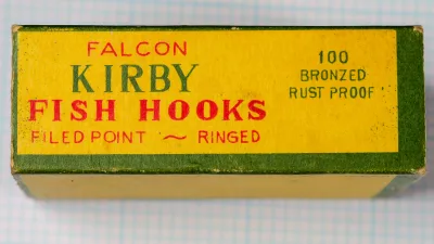 Side panel of the box printed FALCON KIRBY FISH HOOKS and FILED POINT ~ RINGED on the left, and 100 BRONZED RUST PROOF on the right.