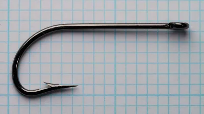 Glossy dark fishhook lying flat on blue graph paper, with the eye at the right end of a straight shank, a round bend at the left, and the point returning toward the eye.