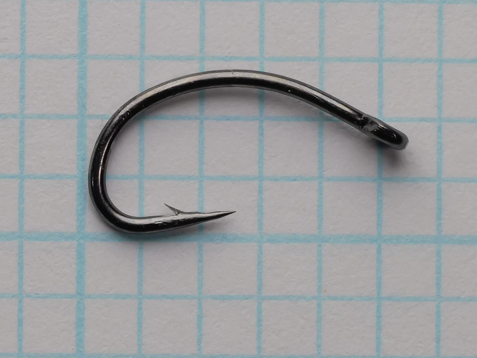 Dark glossy fly hook with a curved shank, deep round bend, barbed point and small closed eye, lying on blue grid paper in side view.