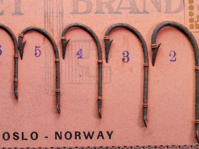 Four rusted hooks numbered 5, 4, 3 and 2, tied to a card with thread, their shanks ending in flattened tips.