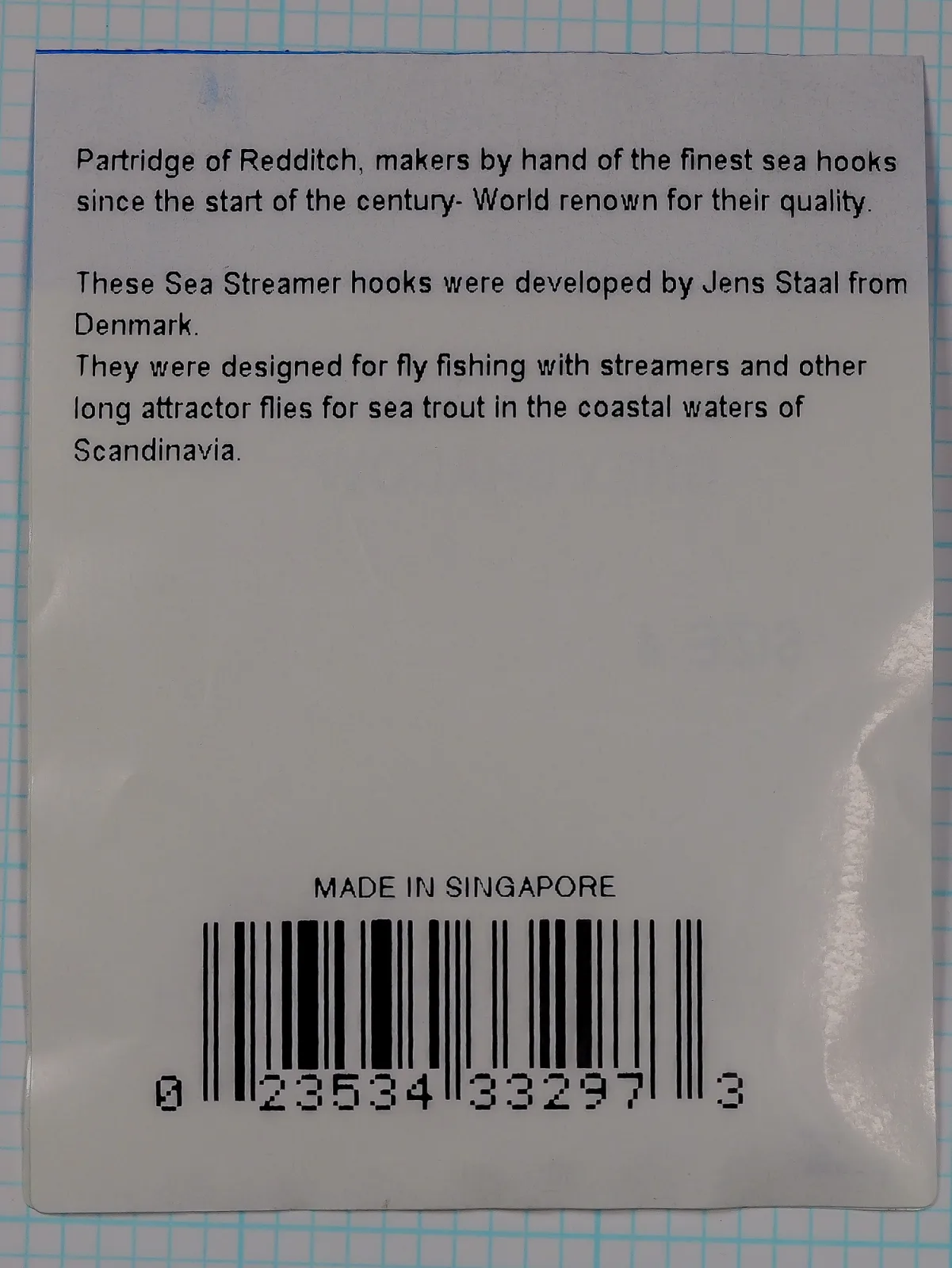 Back of the Partridge CS11/1 size 4 packet with two printed paragraphs, the line MADE IN SINGAPORE and a UPC barcode.