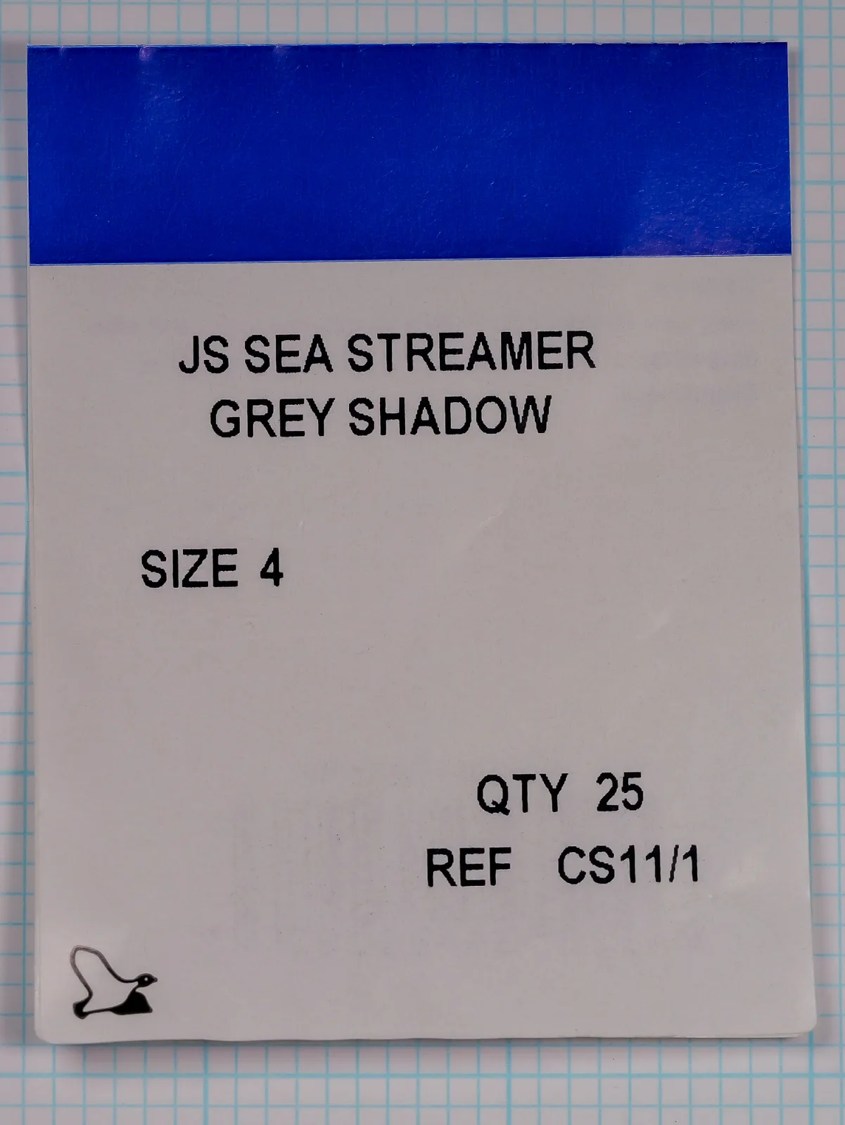 Front of the packet labeled JS SEA STREAMER, GREY SHADOW, size 4, quantity 25 and reference CS11/1, with a blue band across the top and a bird mark at lower left.