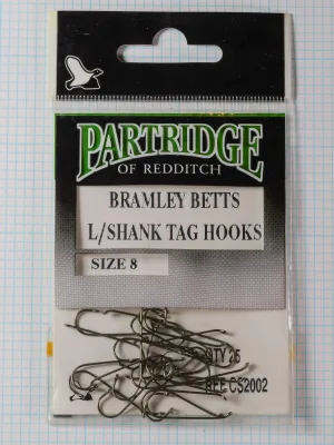Black Partridge of Redditch packet for Bramley Betts L/SHANK Tag Hooks, size 8, with hooks in a clear bag and REF CS2002 printed on the insert.