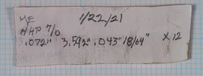 Stained card slip on blue grid paper with penciled notes: ME, 1/22/21, HHP 7/0, a row of figures, and X 12.