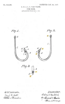 Patent drawing sheet for US 842,594 showing Figs. 1, 2 and 3 of a fish hook.
