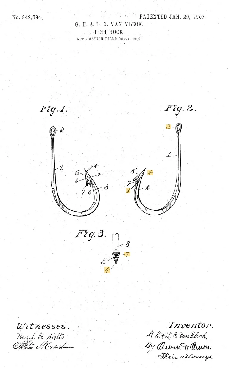 Patent drawing sheet for US 842,594 showing Figs. 1, 2 and 3 of a fish hook.
