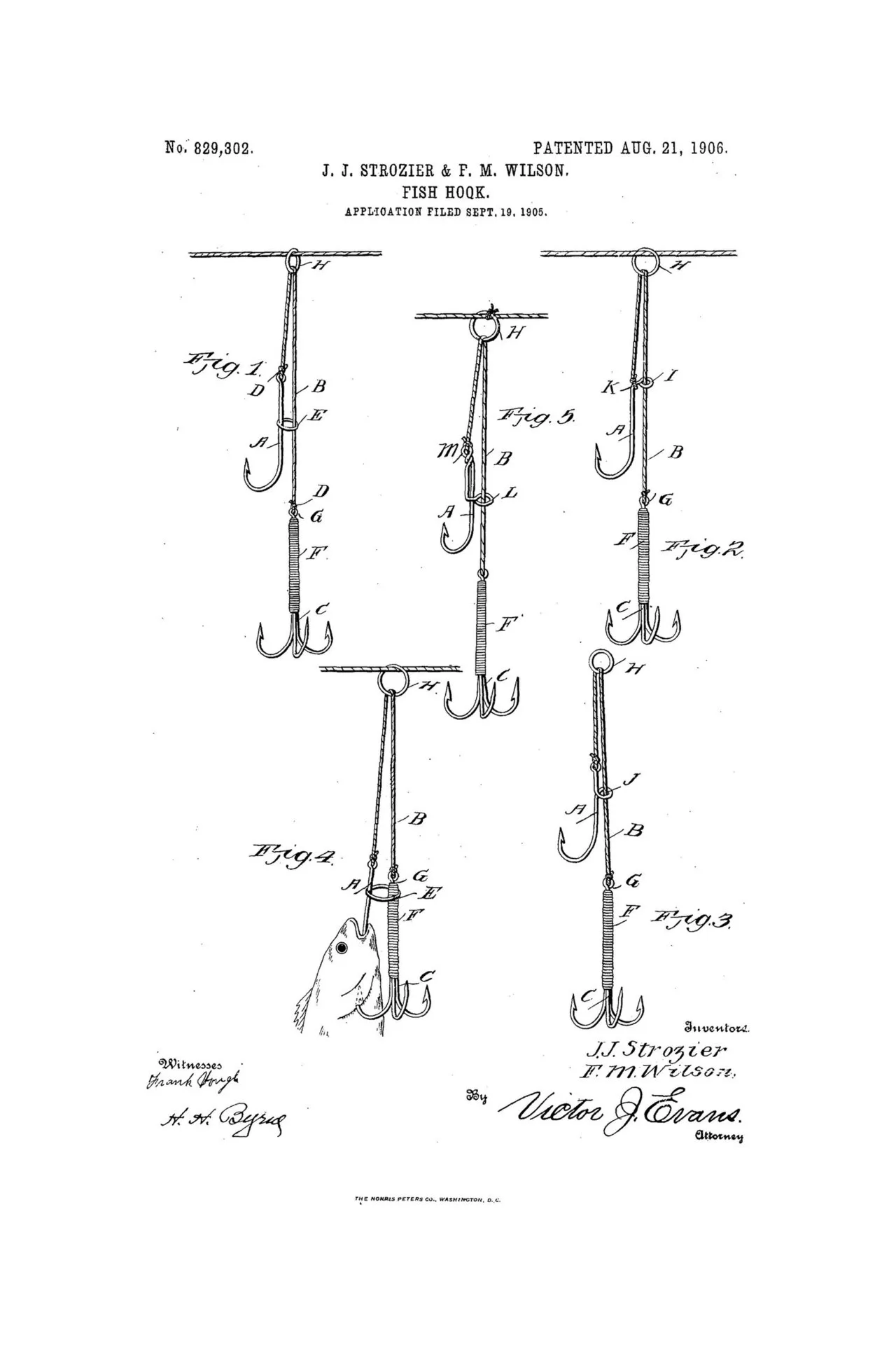 1906 patent drawing sheet showing a fish hook with several auxiliary hooks on a shank