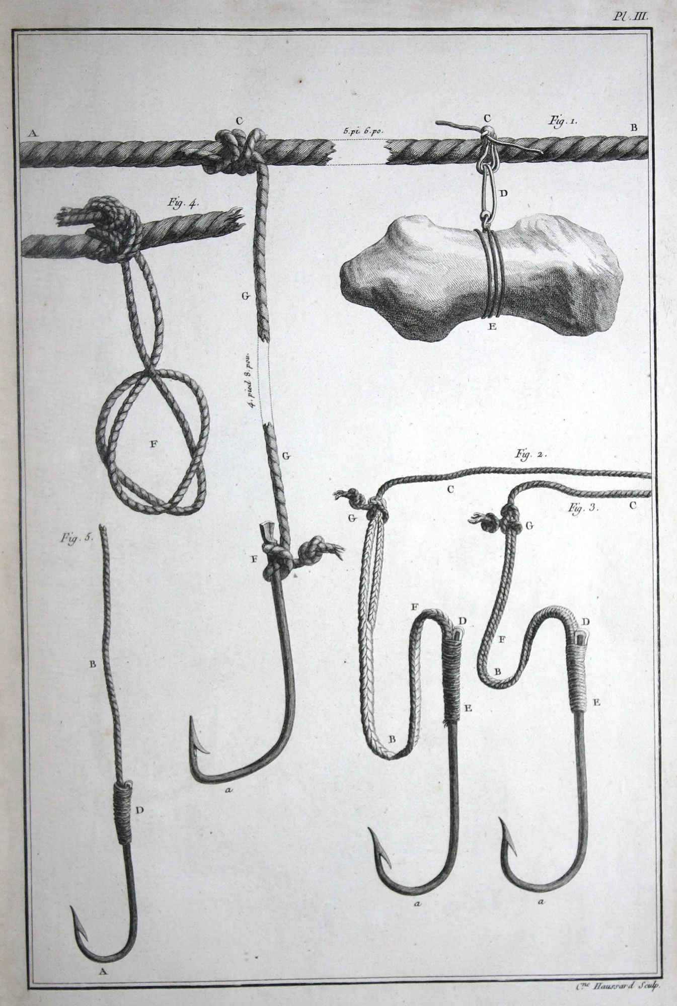 Engraved plate of large sea hooks with whipped and knotted snells